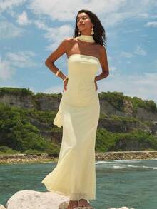 Opulessa Đầm ôm sát in họa tiết lưới dệt kim dành cho nữ - Vàng nhạt - Xem 3