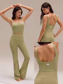 GLOWMODE FeatherFit™ Ribbed Flex Soft Square Neck Sports Bra Low Impact Yoga Pilates Studio Daily Casual Wear Removable Cups Fall Winter - Olive Green - View 7