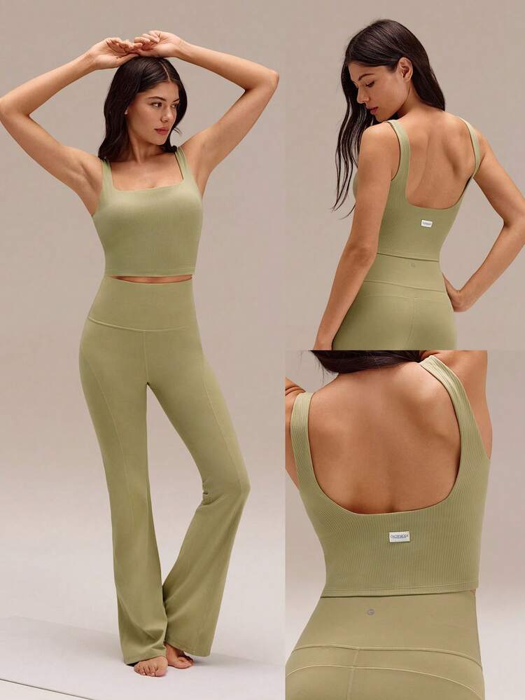 FeatherFit™ Ribbed Flex Soft Square Neck Sports Bra Low Impact Yoga Pilates Studio Daily Casual Wear Removable Cups Fall Winter