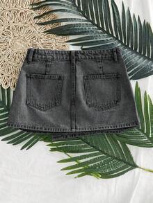 SHEIN Essnce Women's Asymmetric Hem Casual Denim Mini Skirt - Grey - View 2