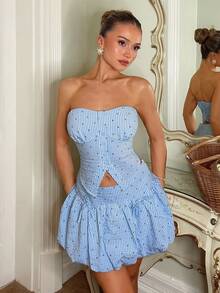 SHEIN Women's Elegant Sexy Strapless Striped Top And Floral Skirt 2 Pieces Set - Multicolor - View 4