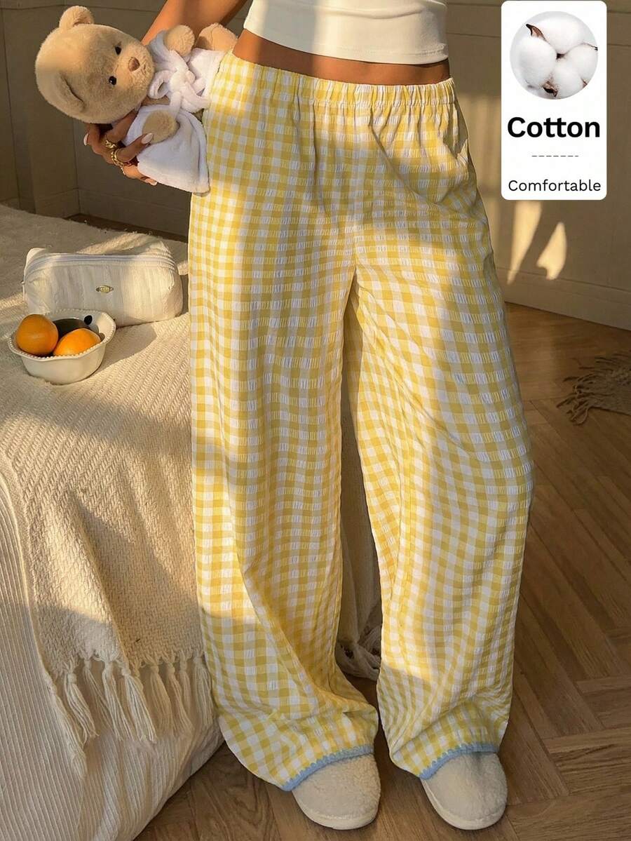 CovetEZ 女士格子阔腿休闲裤，Y2K风格方格印花荷叶边裤脚撞色宽松阔腿裤，适合夏季穿着 - 鵝黃色 - 查看 1
