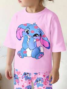 SHEIN Kawaii Pink Cute Cartoon Blue Rabbit Stitch Heart Pattern, Ballet Style, Baby Girls Loose Fit Pajama Set, Sweet Girl, Cute, Cozy Styles, 2026 New Style, Vacay Vibes, Easy Comfort, Y2K, Toddler Girl Clothes, Girls Outfit Sets, Kids Clothes Girls - Multicolor - View 4