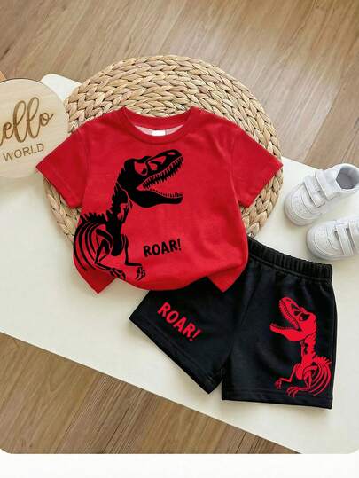 SHEIN 男童休闲简约风，时尚经典，Y2K风格，恐龙印花，涂鸦手绘，可爱风格，童趣图案，运动风T恤套装，适合夏季穿着