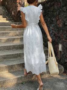 DAZY Textured Jacquard Deep V-Neck Ruffle Waist Maxi Skirt Dress, Elegant Summer Holiday Long Dress For Women - White - View 2