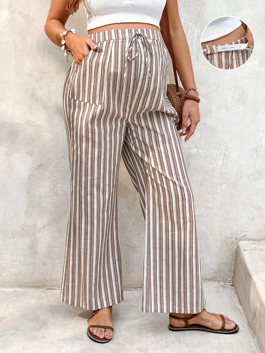 SHEIN 孕妇条纹可调节腰带口袋休闲百搭阔腿裤 - 卡其色 - 查看 1