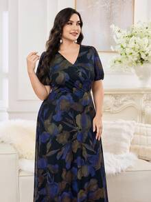 SHEIN CURVE+ 大码女式V领碎花荷叶边短袖连衣裙，适合夏季穿着 - 彩色 - 查看 6