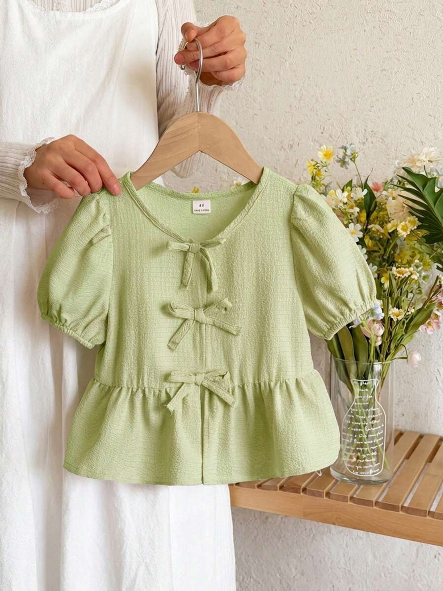 SHEIN LMoss Kids Young Girl Casual Solid Color Crew Neck Short Sleeve Pullover Top, Girl - Lime Green - View 1