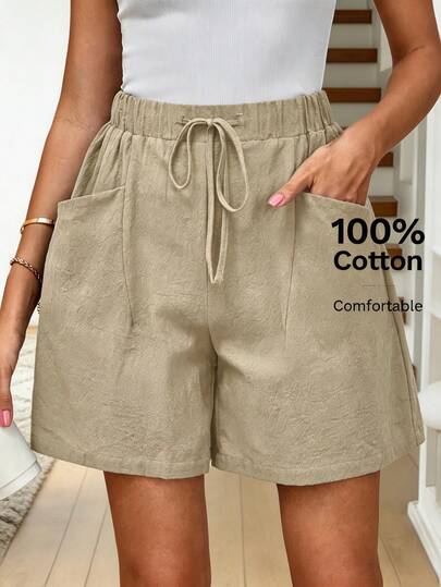 SHEIN LUNE 女士纯色高腰抽绳双口袋宽松休闲短裤，休闲款
