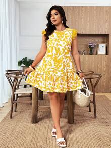 Weeklong Gaun Pendek Model Smock Boho Ukuran Besar dengan Motif Acak, Leher Bulat, Lengan Pendek, Hem Bergelombang, Kain Tenun, Aneka Warna untuk Pakaian Musim Panas - MultiWarna - View 4