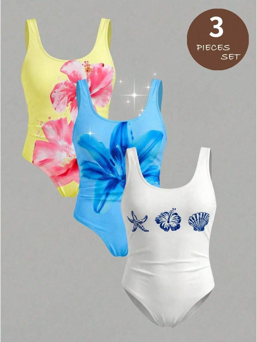 SHEIN Tween Girl Floral Print Casual Tankini Swimsuit - Multicolor - View 1