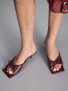 CUCCOO GRLICON Fashion V-Mouth Rivet Strap Bow High Heel Women's Sandals Half Drag - Burgundy - View 3