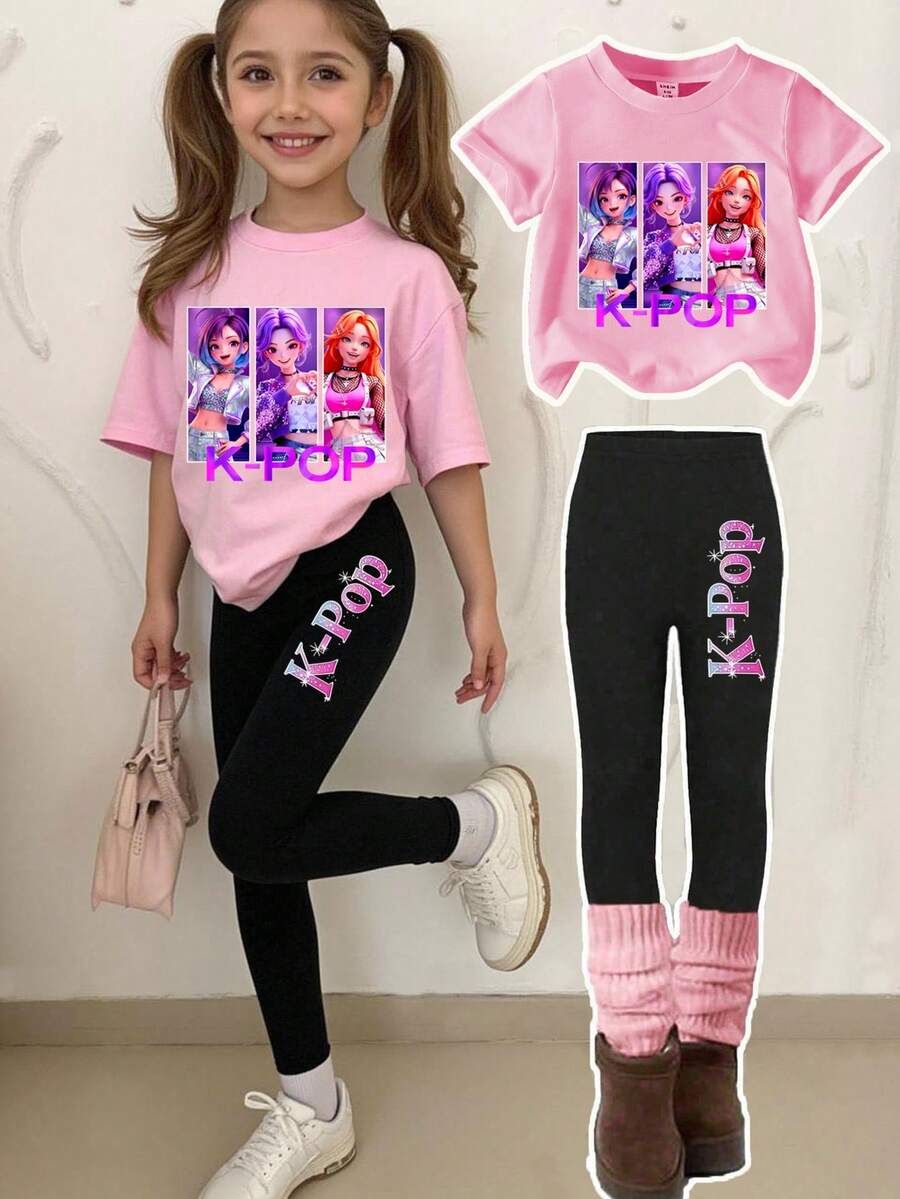 一套年轻女孩休闲时尚3D卡通K-POP女孩字母印花短袖T恤和打底裤套装，春夏款 - 粉色 - 查看 1