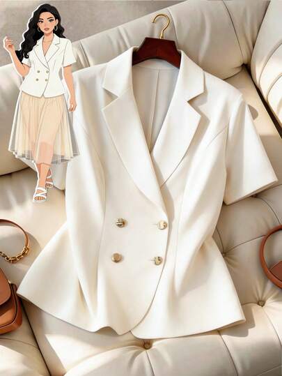 GlowEve CURVE Plus Size Women's Elegant Metal Button Blazer Short Sleeve, Minimalist Suit Jacket For Commuting And Formal Occasions