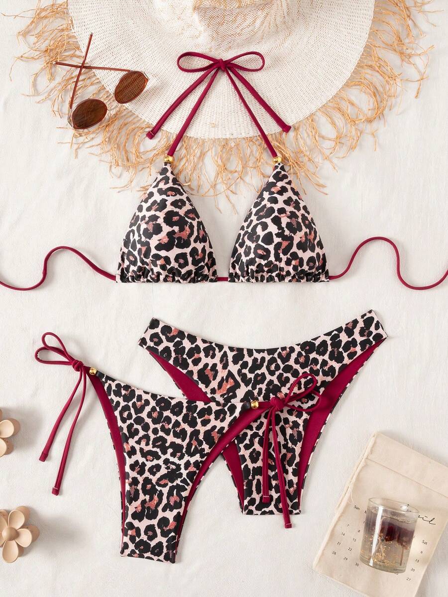 Swim Vcay 3件套夏季沙滩纯色露背系带吊带上衣+打结三角比基尼泳裤+三角比基尼套装，针织面料，适合假日派对、沙滩、数码印花、扎染装饰，性感豹纹红色细肩带三角罩杯比基尼套装 - 彩色 - 查看 1