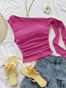 Soleia 度假风性感不对称肩带系带飘逸修身浅黄色上衣，适合派对、度假、音乐节、波西米亚风、假日约会、下午茶等场合。 - 玫紅色 - 查看 4