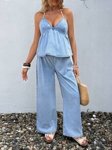SHEIN Maternity Ruffled Hem Halter Neck Tank Top And Wide Leg Jeans 2 Pieces Set Summer Carnival Costume Commuting Vacation Graduation Chic Y2k Cute Streetwear Coquette Party Wedding Elegant Business Casual Woman Women's Light Blue Denim Peplum Halter Top And Wide Leg Pant Two Pieces Outfit - Blue - View 5