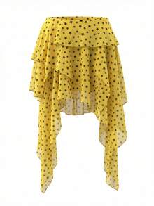 Rina Fox 女士夏季沙滩星形印花不对称下摆A字裙 - 黃色 - 查看 6