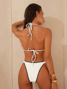 Swim Chiccia Elegant Floral Contrast Color Triangle Bikini Top With Adjustable Strap And Ruched Side Triangle Bottoms, 2 Pieces Set - White - View 2