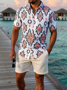 Manfinity RSRT 男士标准尺码短袖纹理面料休闲度假衬衫，男友礼物，男士短袖纽扣印花衬衫，男士派对衬衫，抽象男士夏季衬衫，男士波西米亚风衬衫，墨西哥风纽扣衬衫，男士短袖针织几何图案纽扣衬衫，男士复古风格，日常休闲，周末旅行，户外活动，探险旅行，轻松的工作环境或半正式场合，男友/丈夫礼物，周年纪念/生日礼物，派对，夏季假期，婚礼，春夏，复活节 - 彩色 - 查看 3