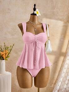 Bellisia 26SS 春夏沙滩度假纯色提花刺绣吊带泳衣套装 - 粉色 - 查看 6