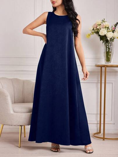 Al Najma Đầm dự tiệc cổ tròn màu trơn dành cho nữ, thích hợp cho mùa hè.