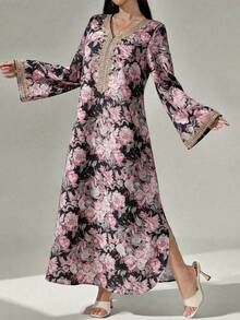 Al Najma Vestido de manga larga con estampado floral, patchwork de ganchillo, vestido elegante y modesto de línea A tipo kaftan y jalabiya, para fiesta de noche/invitada de boda/aniversario/uso diario - Negro - Ver 3