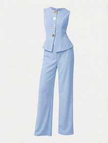 Girlism Teen Girls Sleeveless Top And Pants Set, Metal Button Closure, Elegant Retro Style,Kids - Baby Blue - View 4