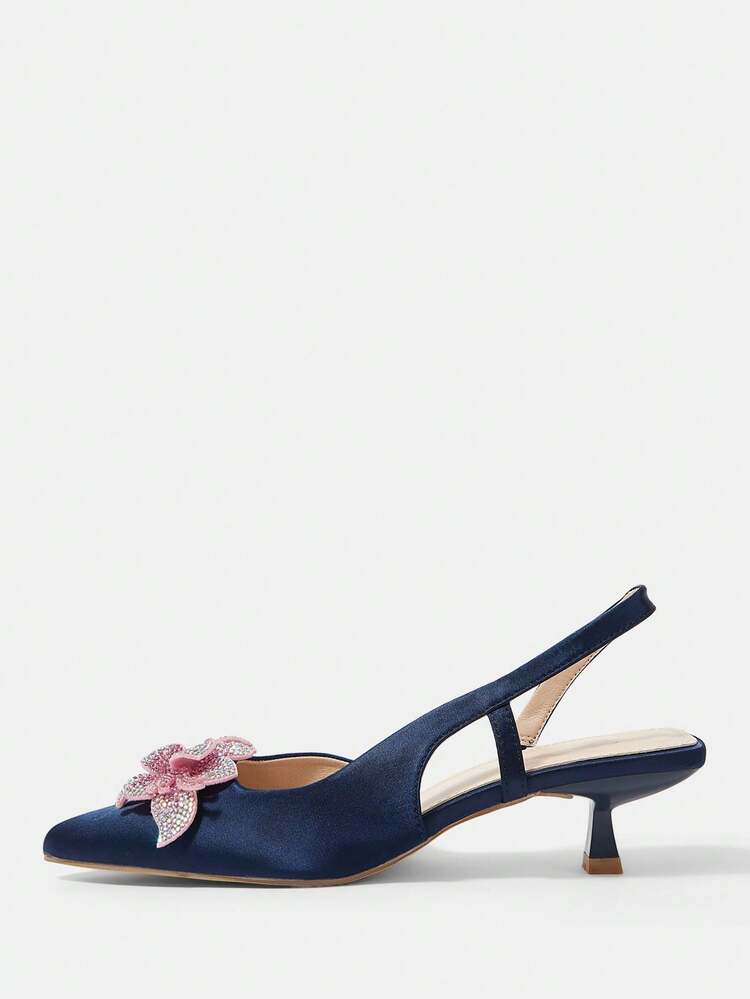 CUCCOO HITCHD Women's High Heel Pumps, Elegant & Graceful Pointed Toe, Pink Rhinestone 3D Flower, Navy Satin, Bridal, Bridesmaid, Wedding Guest Party Open Toe Shoes