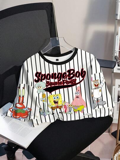 SpongeBob SquarePants | SHEIN Women's Casual Striped Cartoon Print Cropped T-Shirt, Summer