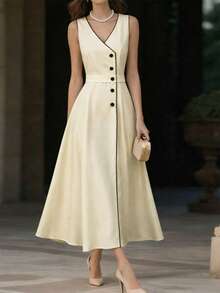 Breezaya Women's Sleeveless Contrast Trim Elegant Waist Cinched Single-Breasted Long Dress, Summer - Pale Yellow - View 5