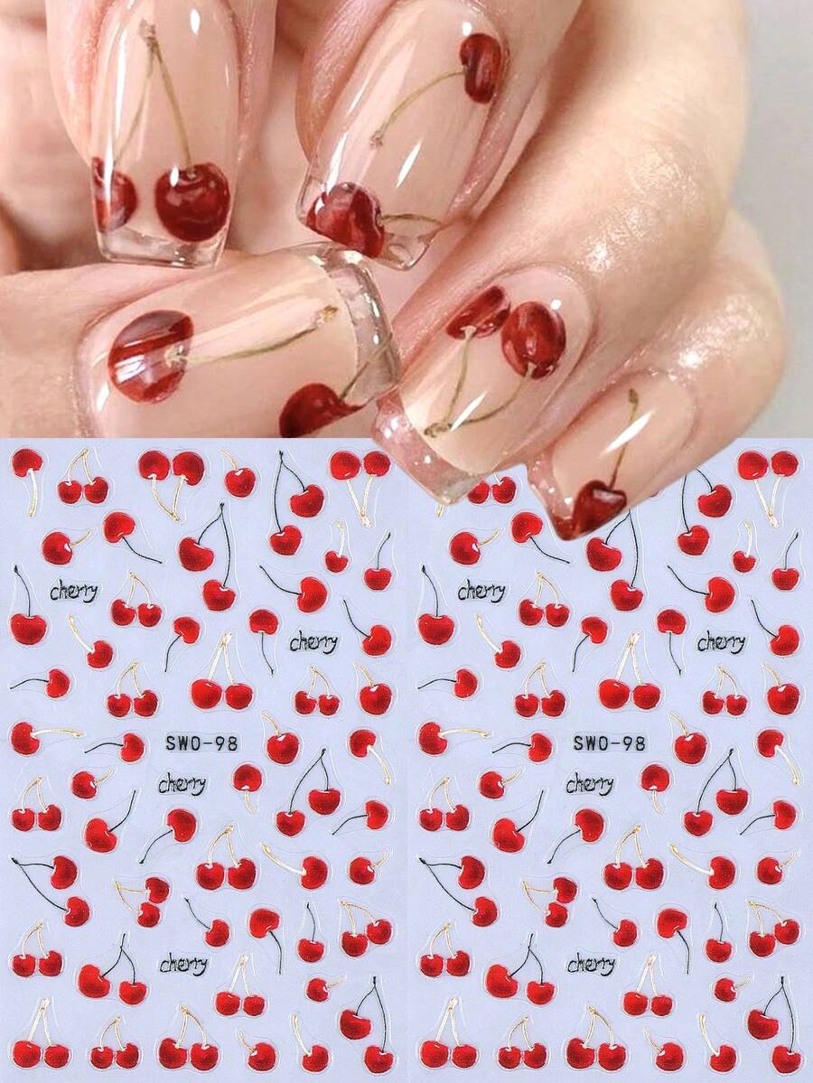1 Sheets 5D Red Cherry Nail Art Stickers Cartoon Fruit Design DIY Self Adhesive Gel Nail Polish Strips For Spring Summer Y2K Nail Decoration Manicure Supplies - Multicolor - View 1