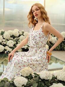 MOTF PREMIUM WOMEN'S ROMANTIC FLORAL PRINT ASYMMETRICAL NECK DRESS, SPRING/SUMMER - Apricot - View 7