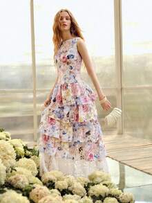 MOTF PREMIUM 女士浪漫印花无袖叠层中长连衣裙，春夏款 - 紫色 - 查看 7