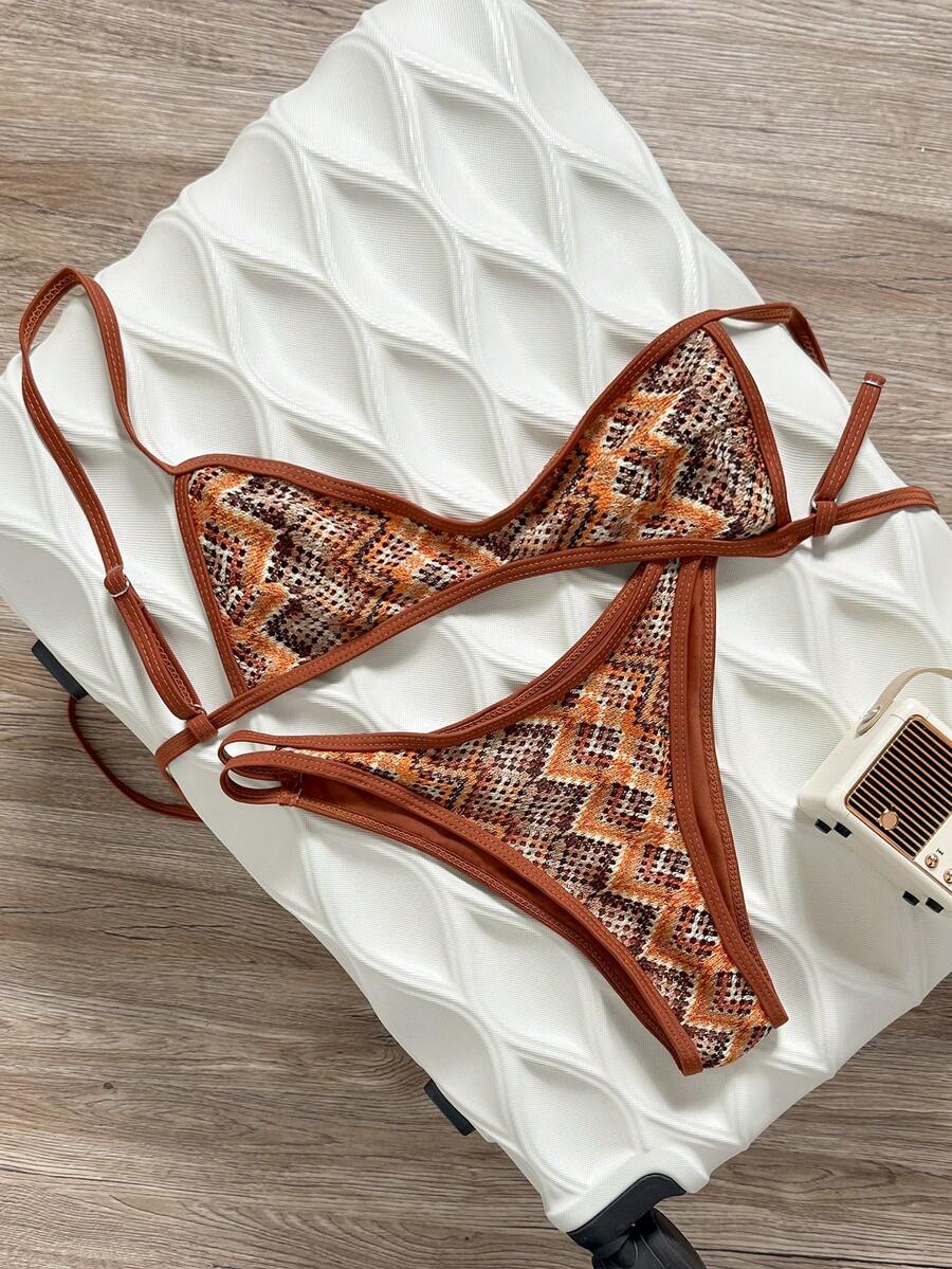 Swim Vcay 春夏针织提花无钢圈吊带背心和泳裤女士沙滩度假泳装套装 - 鏽棕色 - 查看 1