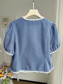 SHEIN EZwear 大码女式蕾丝边休闲短袖衬衫 - 彩色 - 查看 2