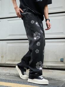 Manfinity EMRG Quần jean denim đen dáng rộng, ống thẳng, in họa tiết đính đá kiểu Mỹ cổ điển. - màu đen - Xem 3