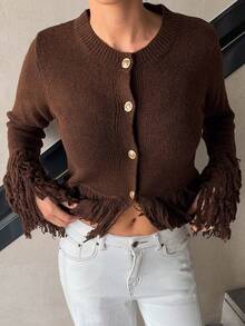 Marta Soriano 女士休闲圆领金属扣流苏长袖开衫 - 咖啡棕 - 查看 3