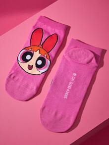 THE POWERPUFF GIRLS X SHEIN 3双装柔软透气吸湿休闲糖果色短袜，甜美图案，时尚可爱卡通粉色、蓝色和绿色女款短袜，加固趾部和脚跟，经久耐穿，四季皆宜，夏季和冬季百搭，印花图案，花朵、泡泡和毛茛 - 彩色 - 查看 11