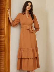 BELROSIE Elegant Casual V-Neck Puff Sleeve Belted Layered Ruffle Hem Dress For Women - Brown - View 3