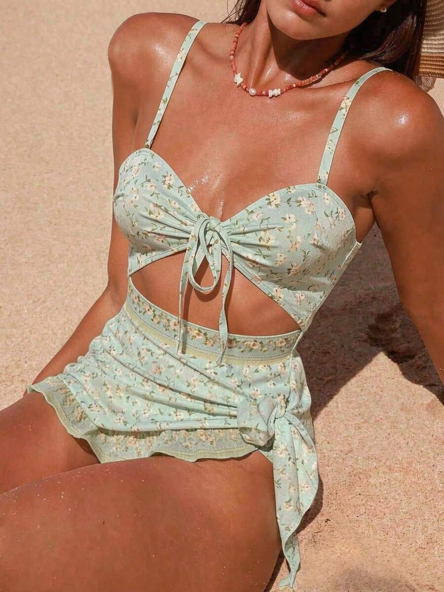 Swim Chiccia 夏季新款性感露背系带连体裹身裙泳衣，绿色碎花印花，适合小胸身材，时尚沙滩装，适合度假、蜜月、假日穿着 - 彩色 - 查看 1