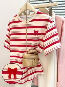Resyla Striped Digital Print, Bow Embroidery Fashionable Minimalist Women's Regular Crew Neck T-Shirt, Gift For Friends - Multicolor - View 1