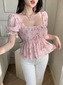 Celisse Floral Print Square Collar Petal Sleeve Bow Tie Waist Ruffle Hem Women Blouse - Multicolor - View 6