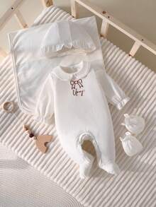 Newborn Simple White Long Sleeve Romper Set, Includes Blanket, Hat, Mittens, Multi-Piece Homeware - White - View 6