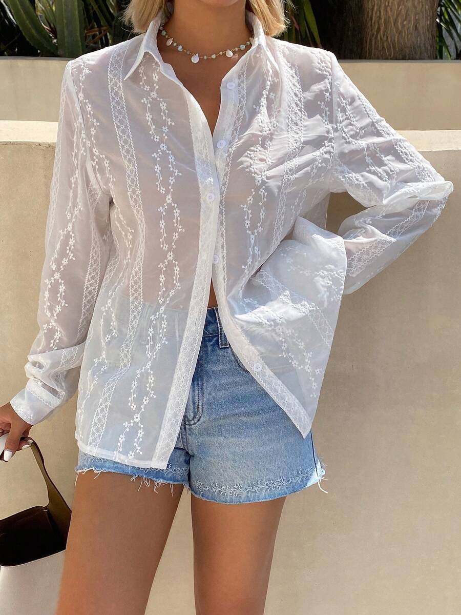 DAZY Elegant Vintage Style Solid Color Long Sleeve Blouse For Women, Spring & Summer - White - View 1