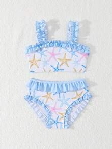 SHEIN 可爱海星印花荷叶边比基尼，适合夏季海滩、游泳、水上乐园、旅行、温泉等场合。女童泳衣套装，儿童泳衣套装，女童泳装，均码女童泳装 - 藍色 - 查看 3