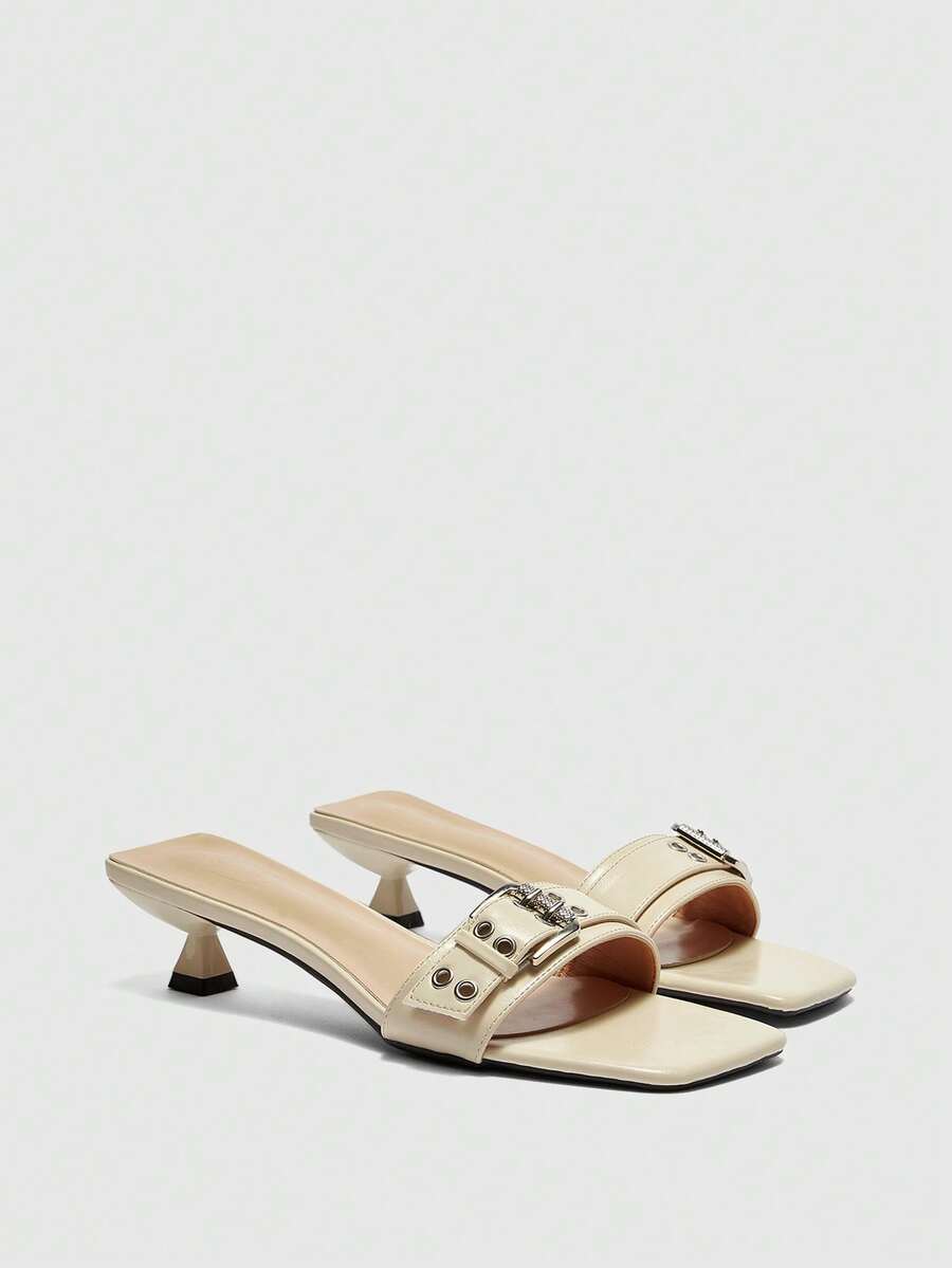 CUCCOO BIZCHIC Giày nữ mùa xuân hè mới, kiểu dáng ngoài trời, màu be, mũi vuông, hở mũi, cao gót, sandal đế xuồng kiểu Pháp có khóa kim loại. - Màu be - Xem 1