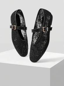 MOTF PREMIUM RHINESTONE DETAIL BALLET FLATS - Black mesh yarn - View 9