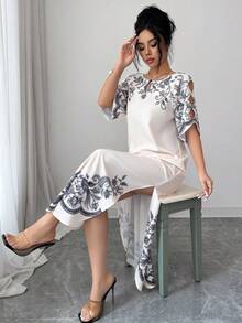 SHEIN Elenzya 女士休闲优雅V领蝙蝠袖宽松下摆开衩印花白色连衣裙，无弹力，春夏款 - 杏色 - 查看 6