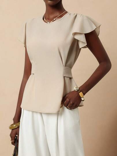 Vesra Blusa elegante de unicolor con lazo en la cintura y mangas cortas, para verano